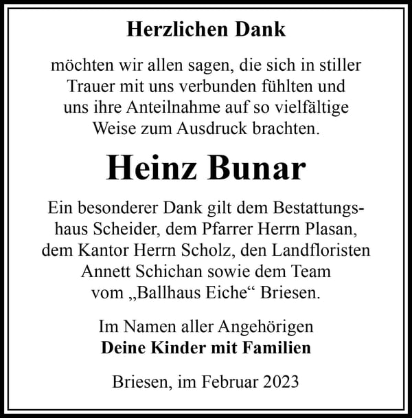 Danksagung Heinz Bunar