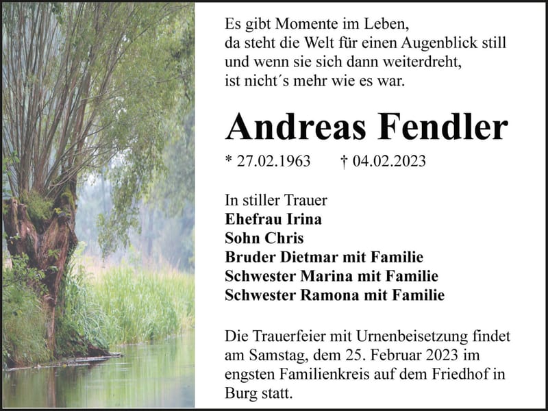Traueranzeige Andreas Fendler