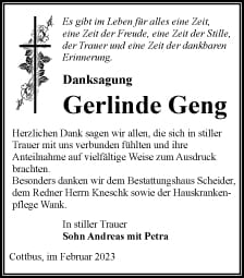 Danksagung Gerlinde Geng