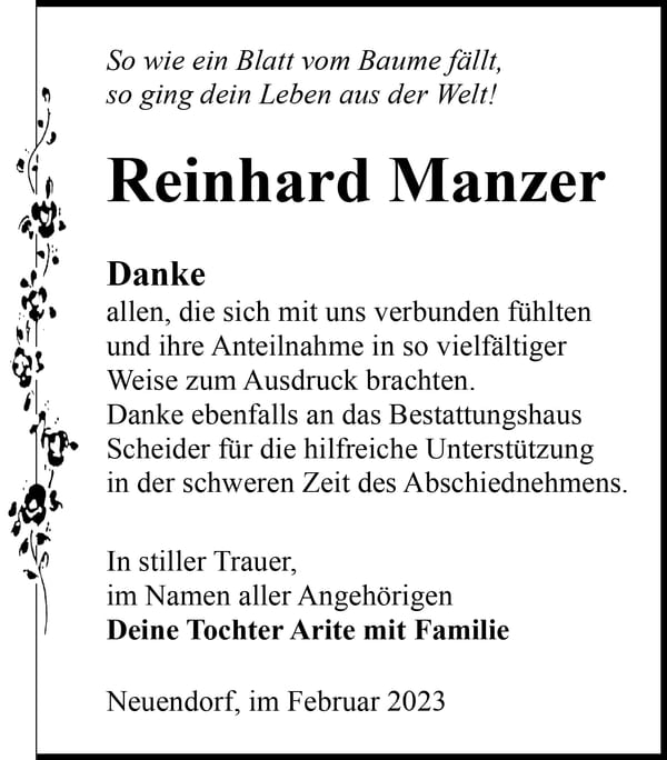 Danksagung Reinhard Manzer