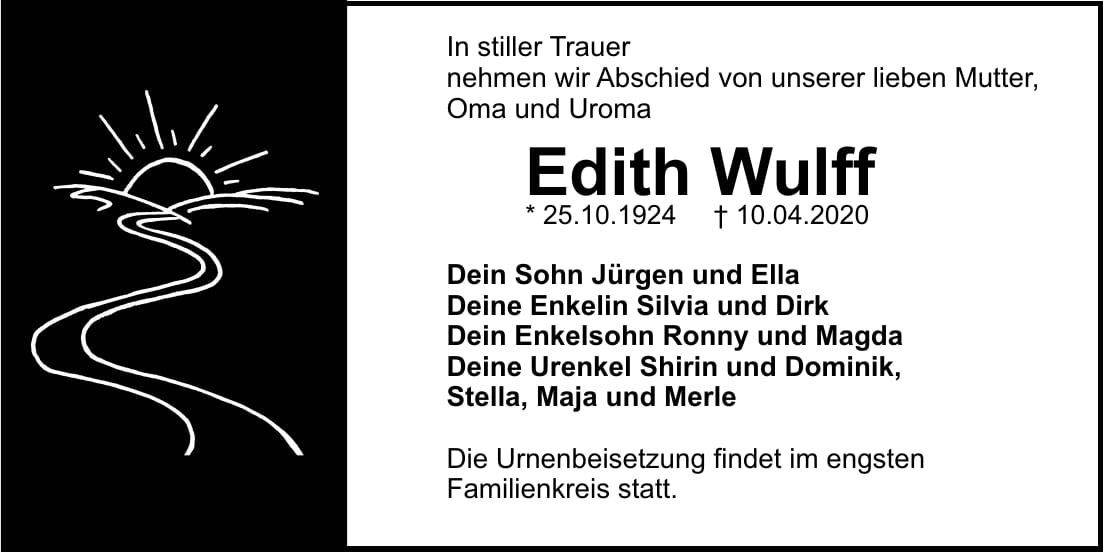 Traueranzeige Edith Wulff