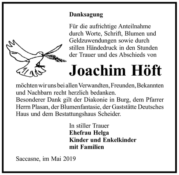 Danksagung Joachim Höft