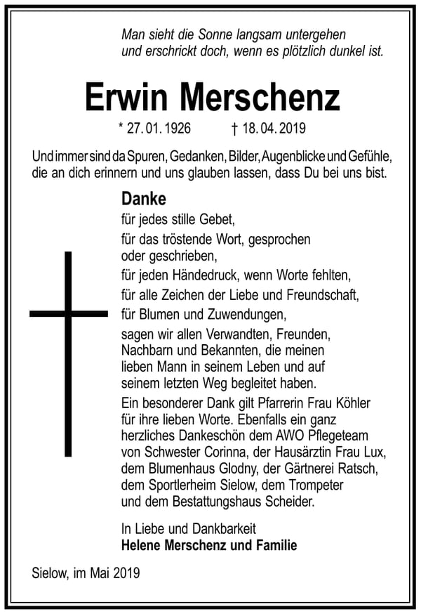 Traueranzeige Erwin Merschenz