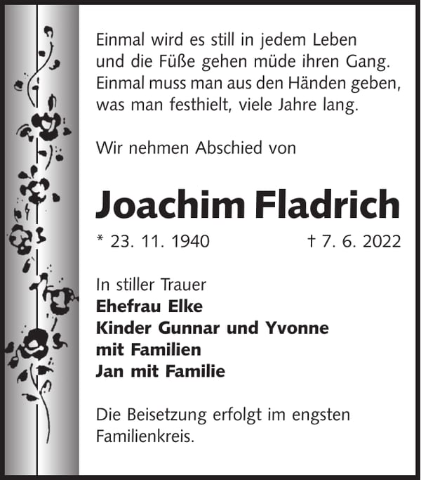 Traueranzeige Joachim Fladrich