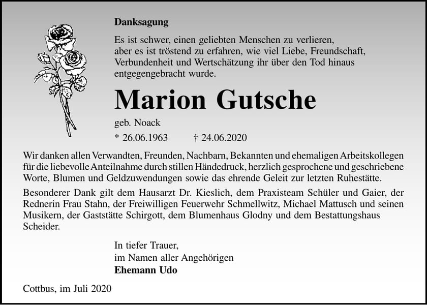 Danksagung Marion Gutsche, geb. Noack