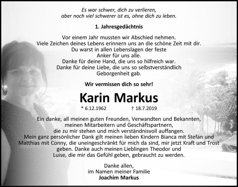 Jahresgedenken Karin Markus