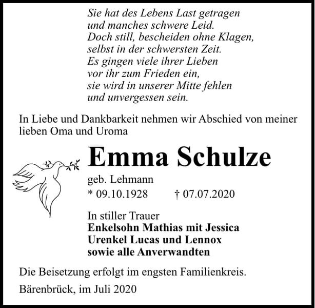 Traueranzeige Emma Schulze, geb. Lehmann