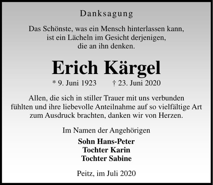 Danksagung Erich Kärgel