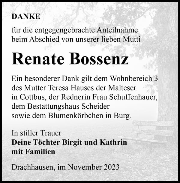 Traueranzeige Renate Bossenz