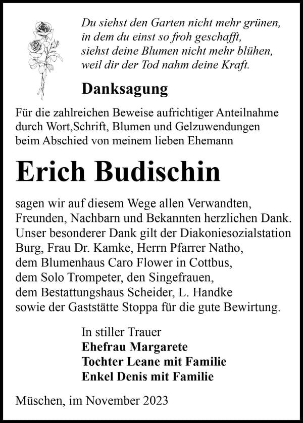 Danksagung Erich Budischin