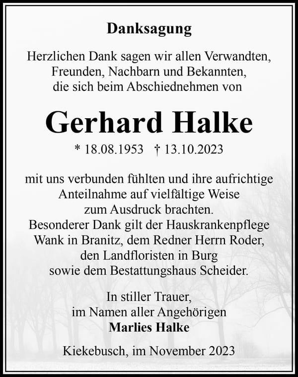 Danksagung Gerhard Halke