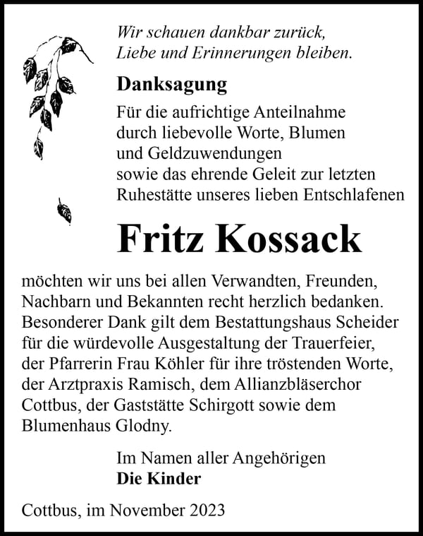 Danksagung Fritz Kossack