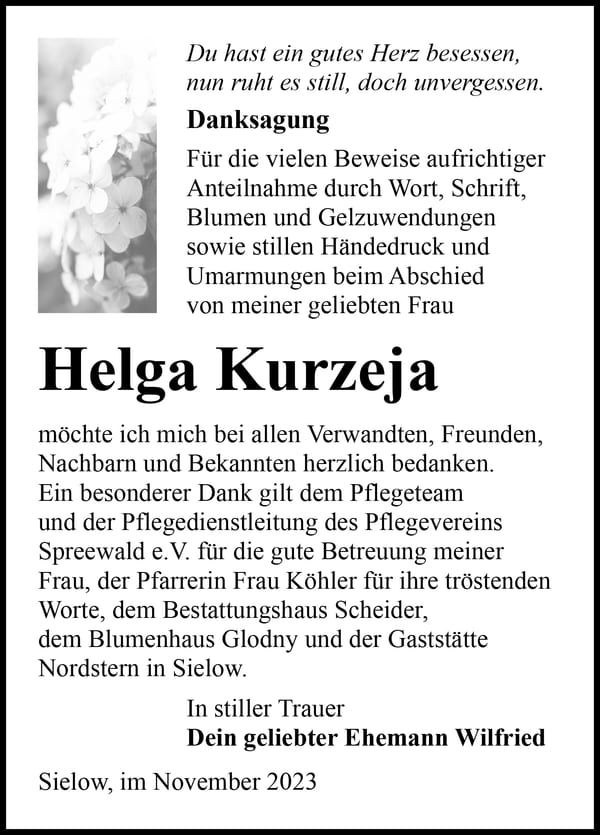Danksagung Helga Kurzeja