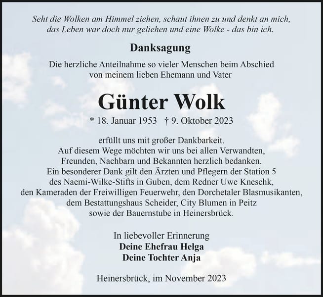 Danksagung Günter Wolk