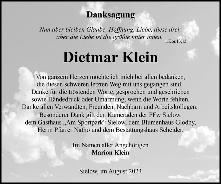 Danksagung Dietmar Klein