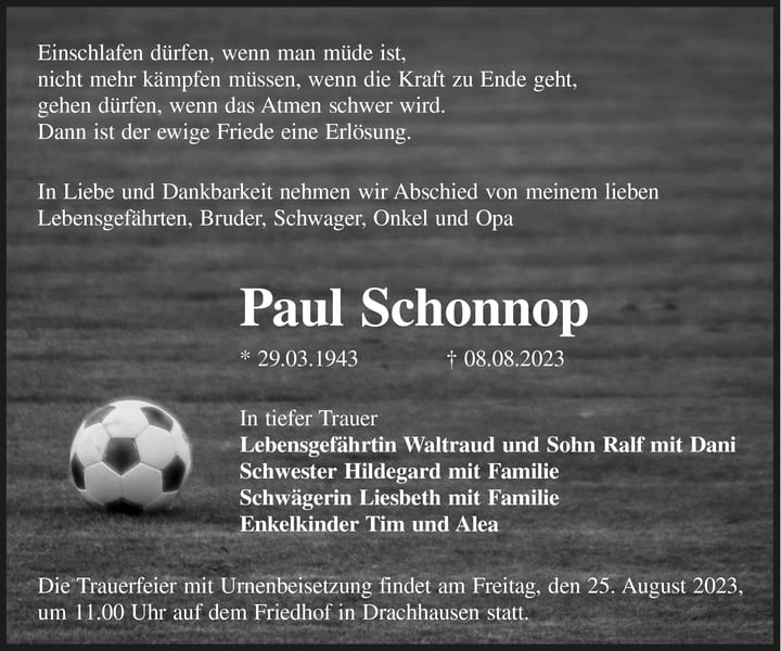 Traueranzeige Paul Schonnop