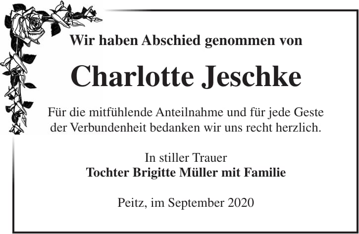 Traueranzeige Charlotte Jeschke