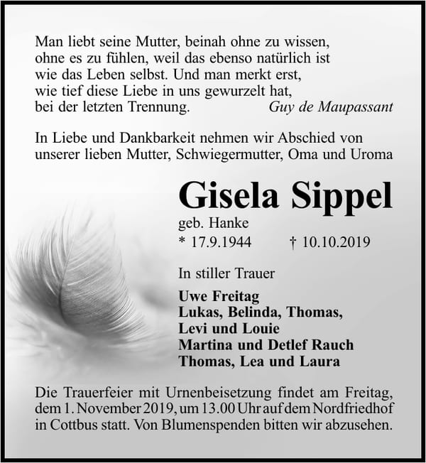 Traueranzeige Gisela Sippel, geb. Hanke