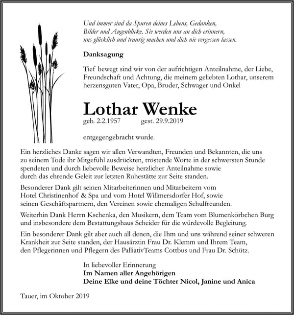 Danksagung Lothar Wenke