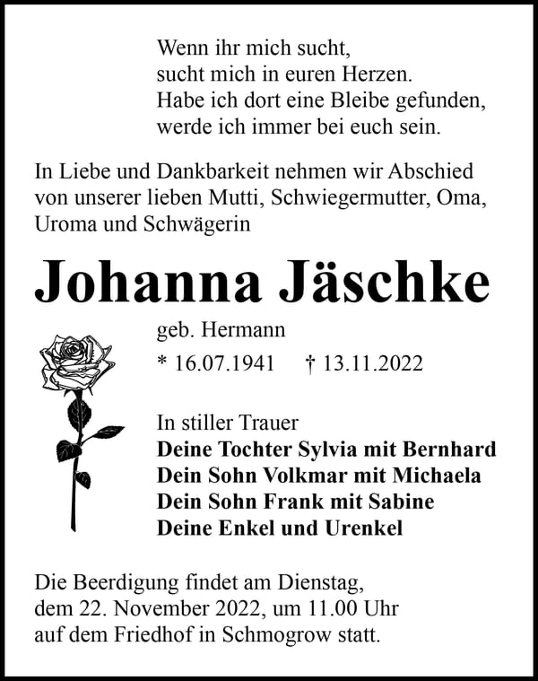 Traueranzeige Johanna Jäschke, geb. Hermann