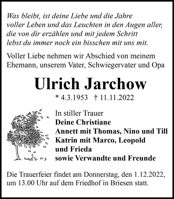 Traueranzeige Ulrich Jarchow