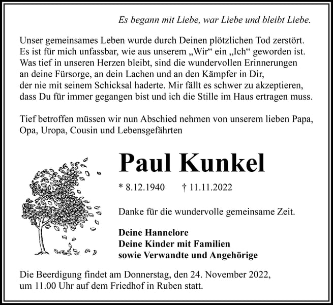 Traueranzeige Paul Kunkel