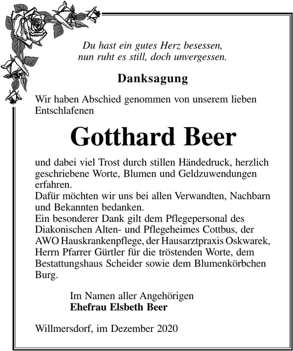 Danksagung Gotthard Beer