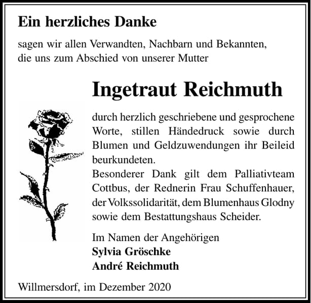 Danksagung Ingetraut Reichmuth