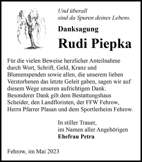 Danksagung Rudi Piepka