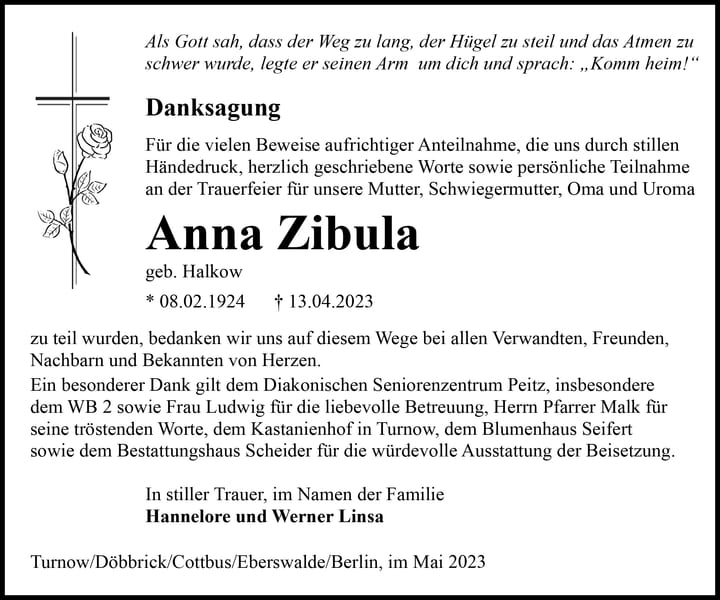 Traueranzeige Anna Zibula, geb. Halkow