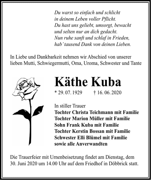 Traueranzeige Käthe Kuba