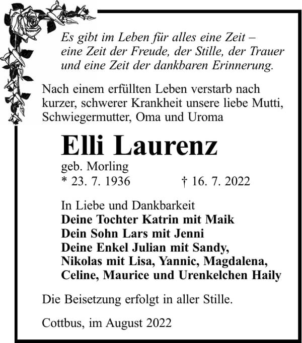 Traueranzeige Elli Laurenz, geb. Morling