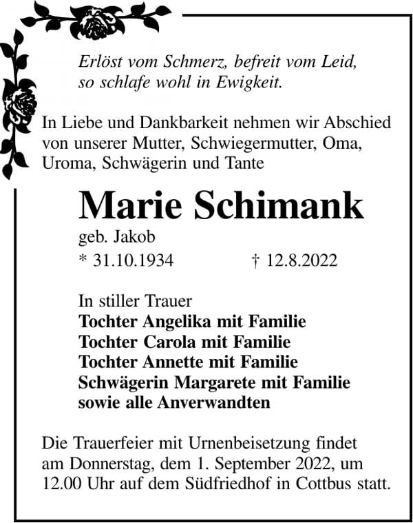 Traueranzeige Marie Schimank, geb. Jakob