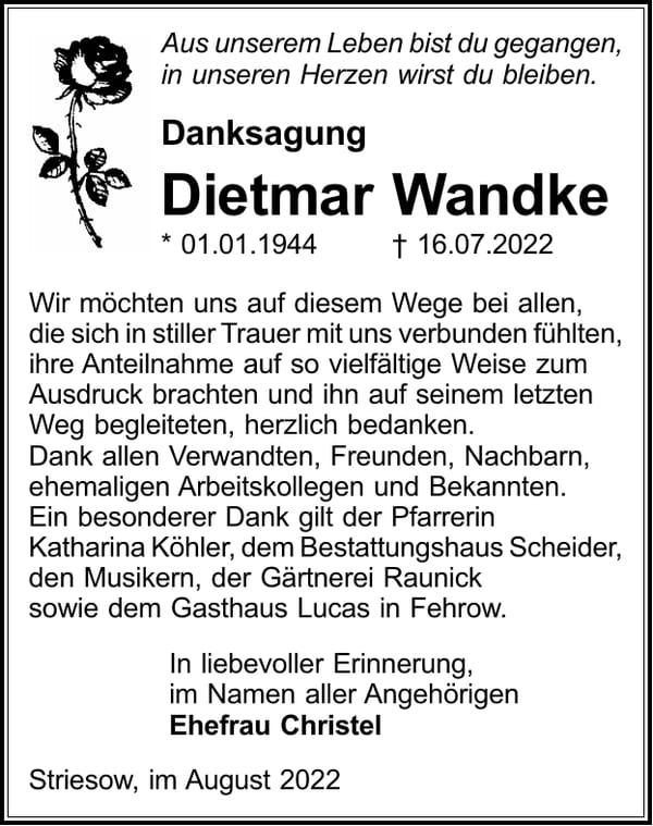 Danksagung Dietmar Wandke