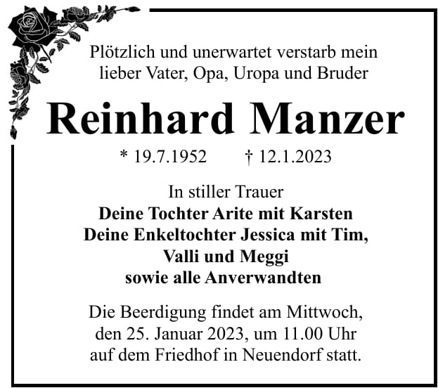 Traueranzeige Reinhard Manzer