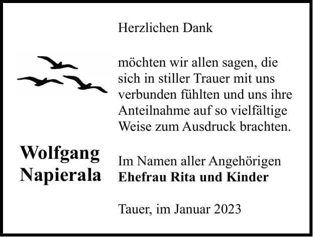 Danksagung Wolfgang Napierala