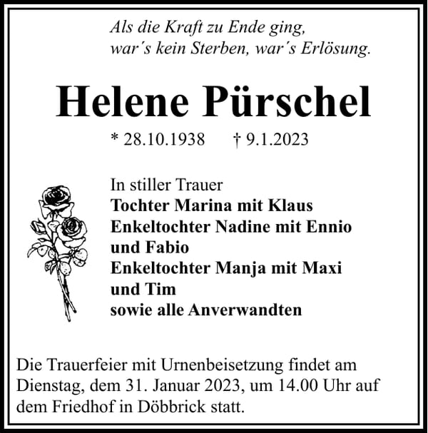 Traueranzeige Helene Pürschel