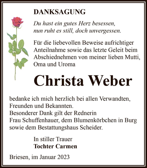 Danksagung Christa Weber