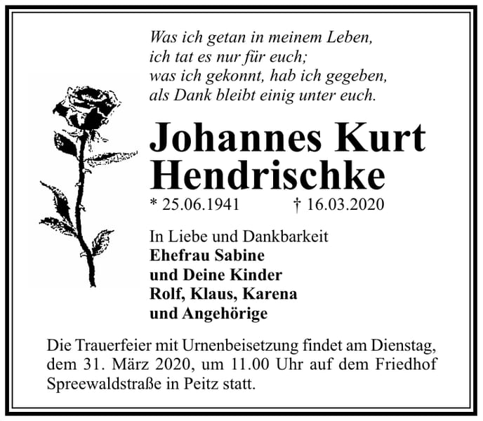 Traueranzeige Johannes Kurt Hendrischke