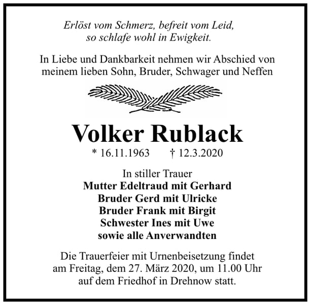 Traueranzeige Volker Rublack
