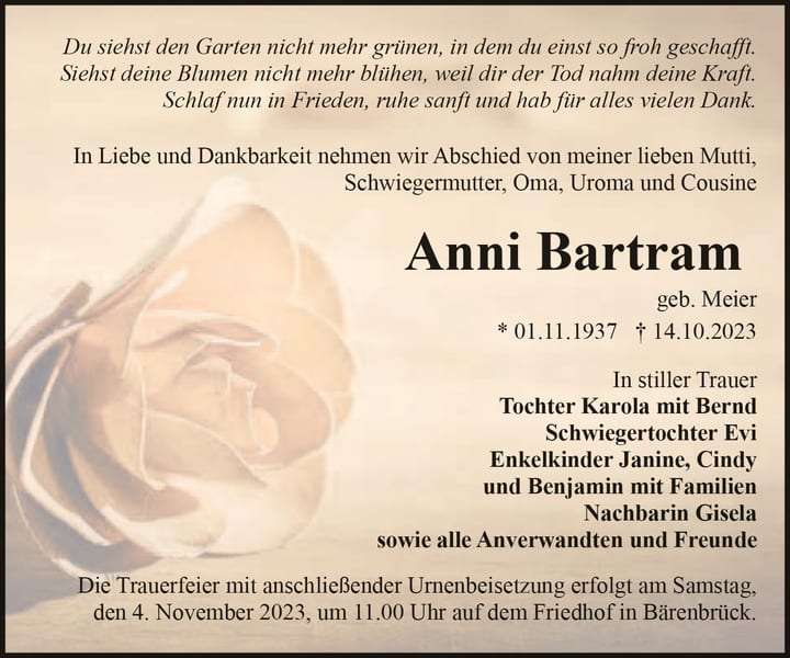 Traueranzeige Anni Bartram, geb. Meier