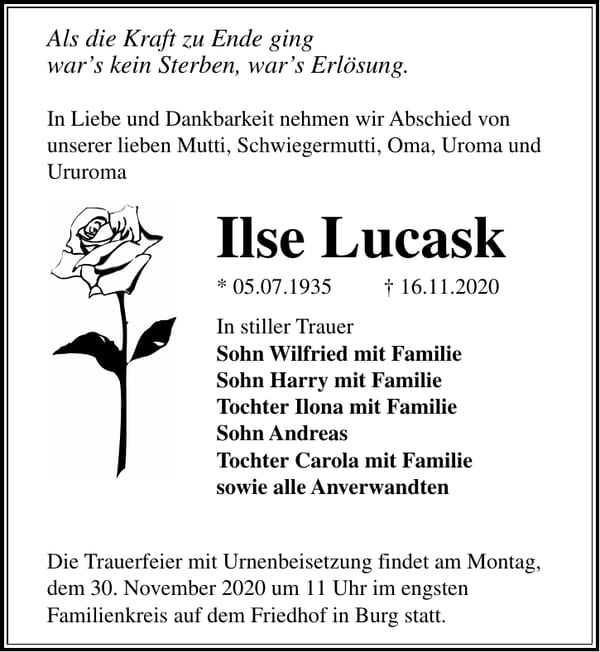 Traueranzeige Ilse Lucask