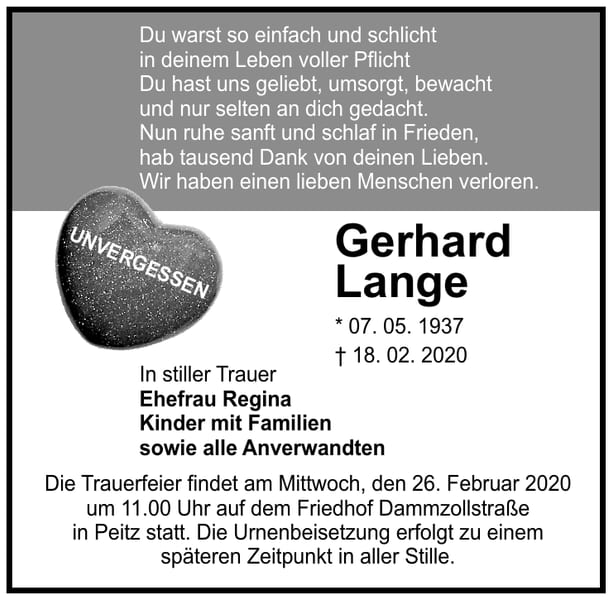 Traueranzeige Gerhard Lange