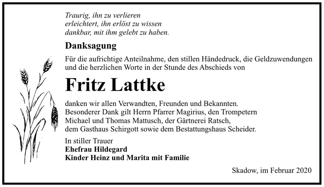 Danksagung Fritz Lattke