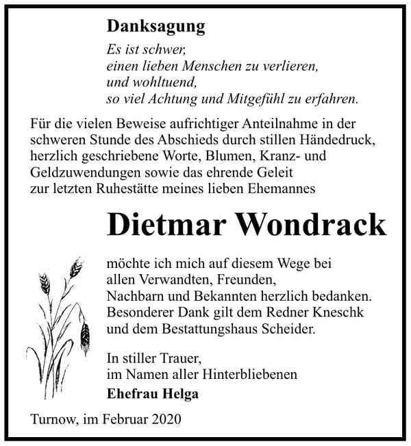 Danksagung Dietmar Wondrack