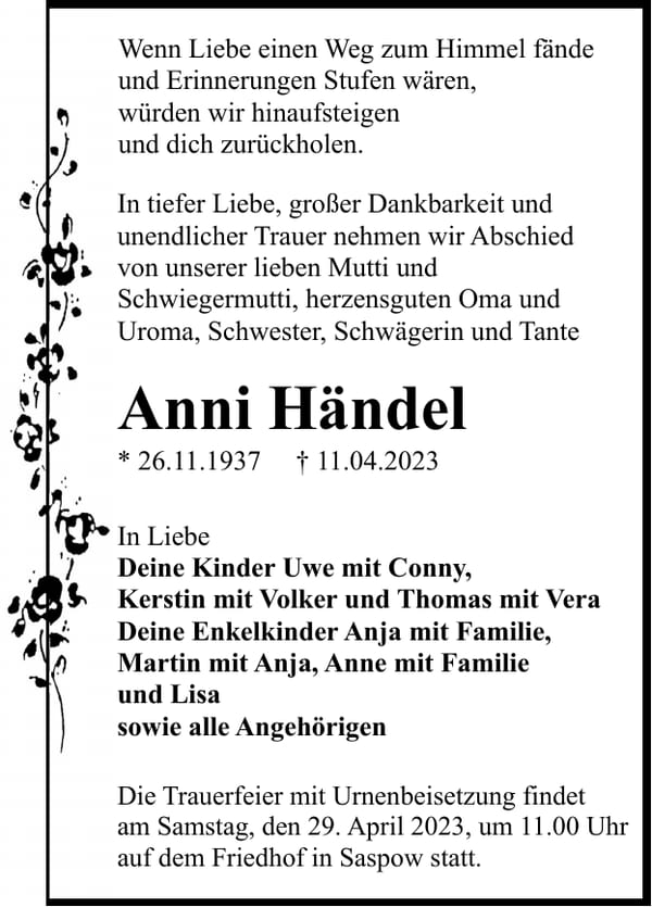 Traueranzeige Anni Händel