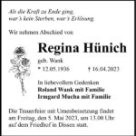 Traueranzeige Regina Hünich, geb. Wank