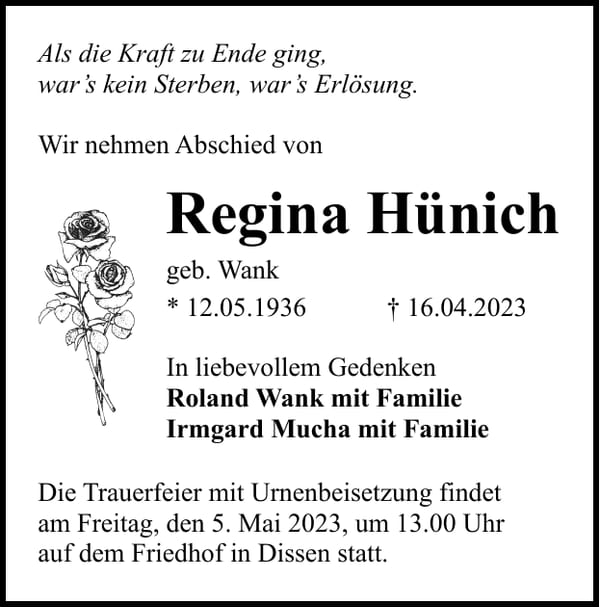 Traueranzeige Regina Hünich, geb. Wank