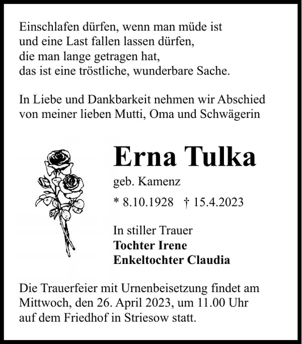 Traueranzeige Erna Tulka, geb. Kamenz