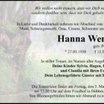 Traueranzeige Hanna Wendt, geb. Perlbach